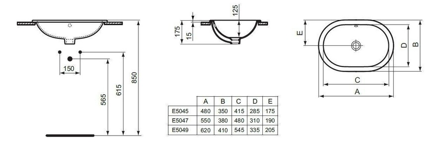 Раковина встраиваемая в столешницу сверху, овальная 480х350мм, без отв. д/смесит., c переливом,  ZZ Ideal Standard Connect E504501