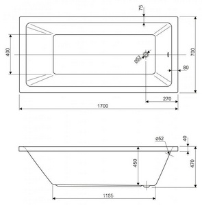 Ванна 170х70хh45см, прямоугольная, без каркаса, (акрил),  ZZ Cezares Plane Solo PLANE SOLO-170-75-45-W37
