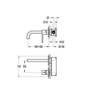 Смеситель для раковины, встраеваемый в стену, излив 18,5см, (цв.брашированное золото),  ZZ Cezares Eco ECO-DI-BORO