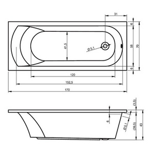 Ванна 170х70см, без ножек/рамы, панелей, слива-перелива, (акрил цв.белый),  Riho Miami B060001005