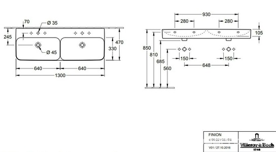 Раковина 1300х470мм, без отв. д/смес., с переливом, для установки с мебелью, шлифованный низ  (цв. R1 white ceramicplus),  ZZ Villeroy & Boch Finion 4139DKR1