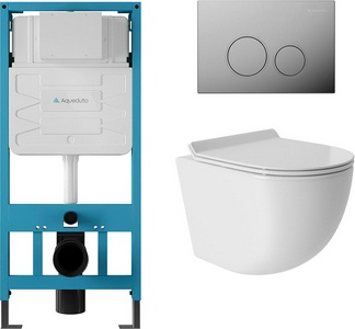 Компл.: унитаз подв.,безободк,Tornado 490х360мм, цв.белый гл., сиденье с микролиф,,инстал. д/унитаза, крепёж, клавиша смыва Circulo цв.хром,  ZZ Aqueduto Ovo AQDS007T