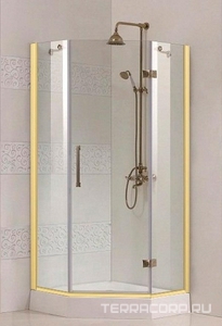 Душ. уголок 900х900хh1950мм, пятиугольный, расп.дверь петли справа, с 2-мя неподв.сегм., вход 595мм, (стекло прозр., 8мм, фурн. цв.золото),  ZZ Cezares Magic MAGIC-P-1-90-C-G-R