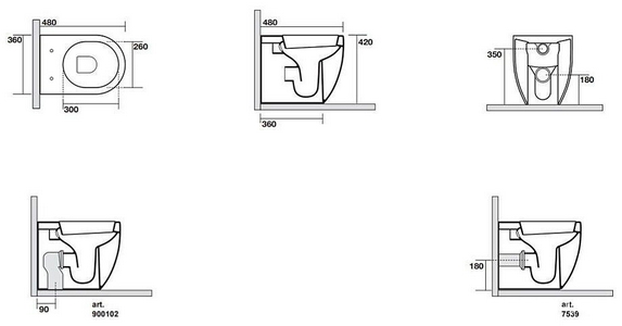 Унитаз напольный 36х48хh42см, пристенный, для монтажа со скрытым в стене бачком, крепл к полу в комп, без сиденья, (цв.белый глянец),  ZZ Kerasan Flo 311401