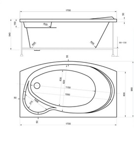Ванна акриловая  170х100 см (БЕЗ каркаса n039653 и БЕЗ сифона(покупается отдельно)) ZZ Bas Либера В 00066