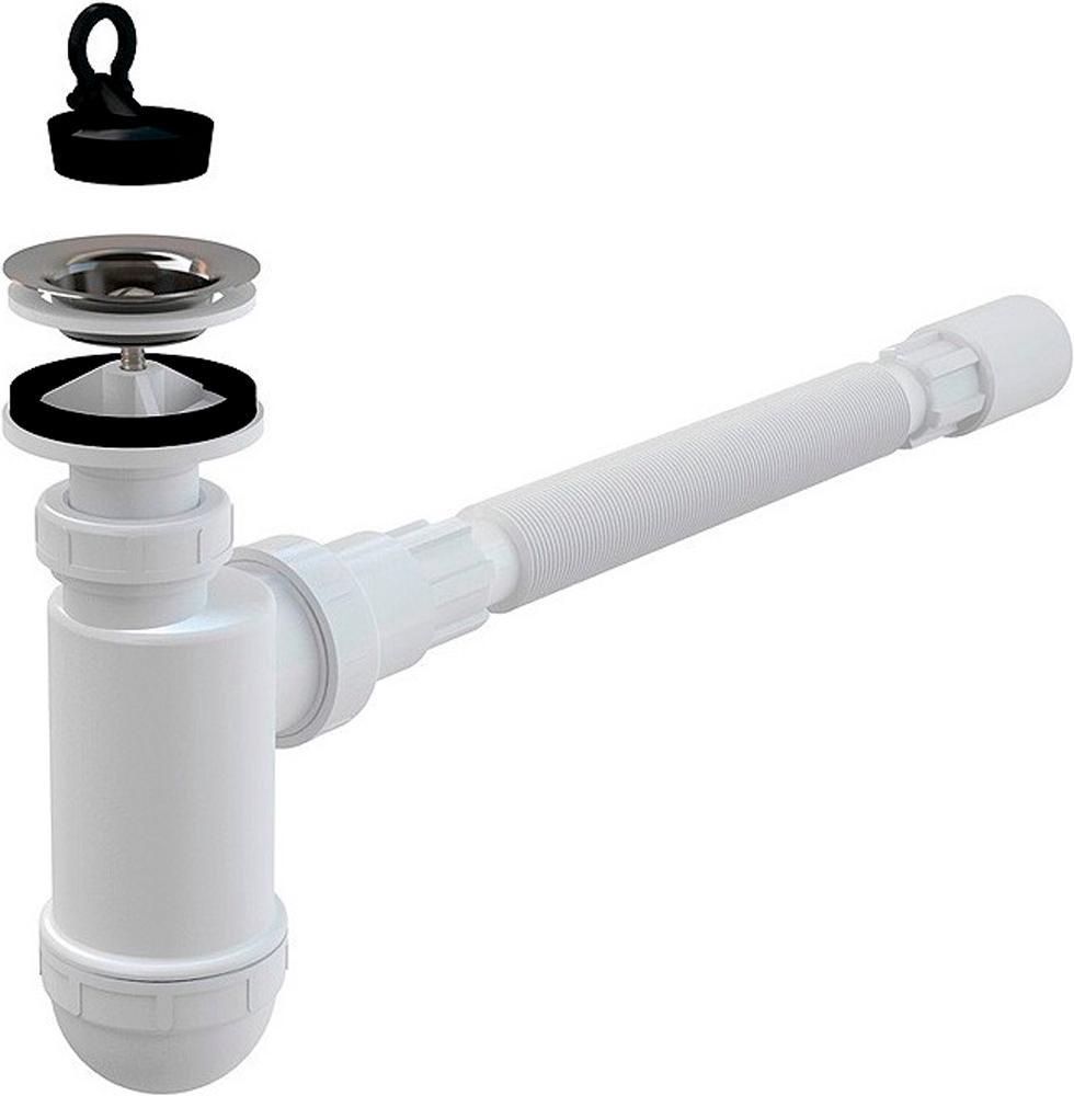 Сифон для умывальника c нерж. сеткой и пробкой, выход d-40, гибкая подводка