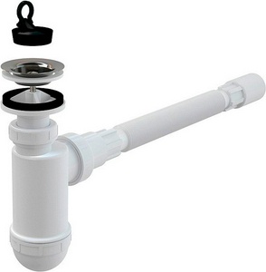Сифон для умывальника c нерж. сеткой и пробкой, выход d-40, гибкая подводка AlcaPlast Универсал A41Flexi / A41+A710