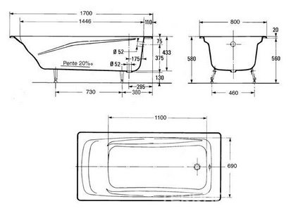 Ванна REPOS без отверстия для ручек /170x80/, без ножек ZZ Jacob Delafon Repos E2918-00