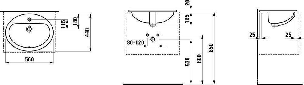 Раковина встраиваемая в столешницу сверху, овальная 56х44см, с 1 отв.д/смес, с переливом,  ZZ Laufen Pro 8.1395.1.000.104.1