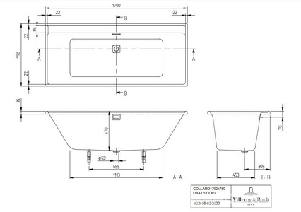 Ванна 1700х750хh470мм, (акрил цв.01 белый), слив-перелив цв.хром в компл., БЕЗ ножек арт.U99740000,  ZZ Villeroy & Boch Collaro UBA170COR2DV-01
