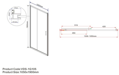 Дверь для душа, в нишу 1050хh1900мм, раздвижная, 1 дверь, 1 неподв.секция, правая/левая, (стекло прозрачное 6мм, фурн.цв.черный матовый),  ZZ Vincea Garda VDS-1G105CLB
