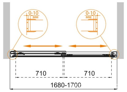 Штора на ванну, 2 сдвижных стекла, 170(168-170)хh145см, (вход 71см), установка в нишу, (проф.цв.хром, стекло 6мм прозр.),  ZZ Cezares Tandem-Soft TANDEM-SOFT-VF-2-170/145-C-Cr-IV