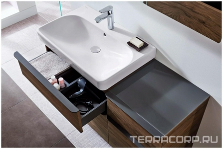 Тумба под раковину подвесная, 884хh617х470мм, 2 выдв.ящика, монтаж с раковиной 900мм, (цв. Пекан), крепёж в компл.,  Square ZZ Geberit Smyle 500.354.JR.1