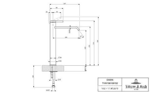 Смеситель для раковины, Высокий, без д/к, (цв.черный матовый),  ZZ Villeroy & Boch Dawn TVW106106152K5