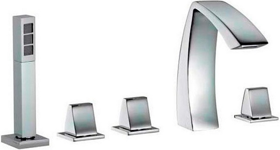 Смеситель для ванны, встраиваемый в борт на 5 отв., (излив, лейка, шланг, три ручки в компл.), (цв. хром),  ZZ 3M Arche 0706 CC