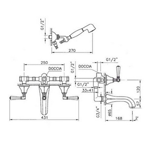 Смеситель для ванны, встраиваемый в стену, с душевым гарнитуром, (встраив.часть смес., излив, лейка, кронштейн, шланг в комп.), (цв. золото),  ZZ Nicolazzi Teide 1903 GO 05