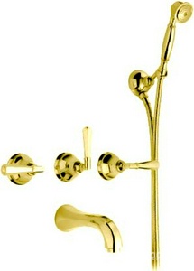 Смеситель для ванны, встраиваемый в стену, с душевым гарнитуром, (встраив.часть смес., излив, лейка, кронштейн, шланг в комп.), (цв. золото),  ZZ Nicolazzi Teide 1903 GO 05