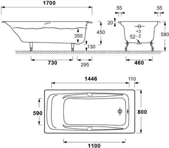 Ванна чугунная  170х80 без ножек, БЕЗ отверстий для ручек (ручки не предусмотрены) ZZ Jacob Delafon Repos E2918-S-00