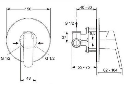 Смеситель для душа встраиваемый в стену для комплектации гиг.душа, (полный комплект внешн. и внутр. части), CERAPLAN 2 ZZ Ideal Standard Ceraplan 2 A5960AA