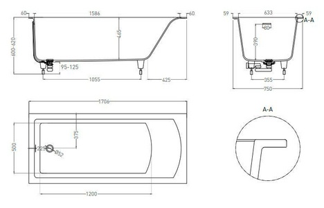 Ванна 1698х750хh600мм, встраив., литой камень S-Sense матовый цв.белый, д/к Up&Down в цвет ванны,интегрир.слив-перелив,ножки компл,  ZZ Salini Cascata Kit 104313M