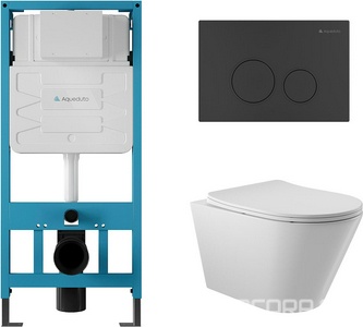 Компл.: унитаз подвесн.,безободк.,525х360мм,цв.белый глянц., сиденье с микрол,,инстал. д/унит., крепёж, клавиша смыва Circulo цв.черный мат.,  ZZ Aqueduto Cone AQDS005