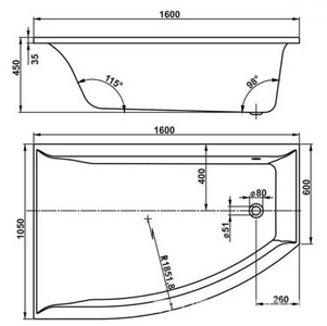 Ванна угловая160x105xh45см, левая, без панели и каркаса, (акрил цв.белый), Veronela ZZ Vagnerplast veronela VPBA160VEA3LX-04