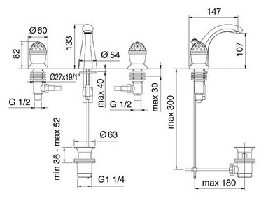 Смеситель для раковины, на 3 отв. с д/к, (цв. хром/золото),  ZZ 3M Okay Swarovski 4616 CD