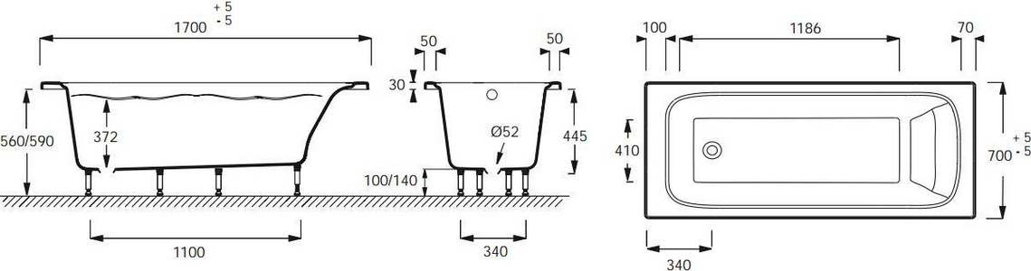 Ванна акриловая (на основе композита 12мм.) ELITE  прямоуг, 170x70, ножки в комплекте (БЕЗ подушки), белая ZZ Jacob Delafon Elite E6D030RU-00