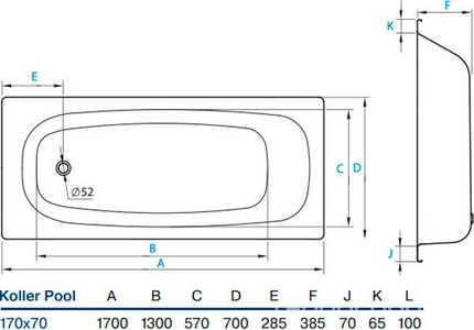 Ванна стальная KollerPool 170х70E без ножек APMSTDBL1 Koller Pool универсал B70E1200E