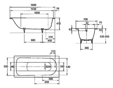 Ванна стальная "SANIFORM PLUS" 160х70х41, alpine white, без комплекта ножек ALLROUND 5030 (581470000000), цв. белый, ZZ Kaldewei Saniform Plus 111700010001