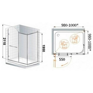Душевой уголок 1000х1000хh2118мм, квадрат, "Правый" распаш. дверь справа, с неподв.стенкой (стекло матовое с прозр/узором, 8мм, фурн/золото)  ZZ Cezares Retro RETRO-A-11-100-PP-G-R
