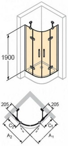 Дверь д/д двустворч.,распашная, откр.наружу 1/4 круга, R500мм, 900х900хh1900мм, стекло прозр.6мм, профиль цв. мат.серебро),  ZZ Huppe Huppe Aura elegance 400801 087 321