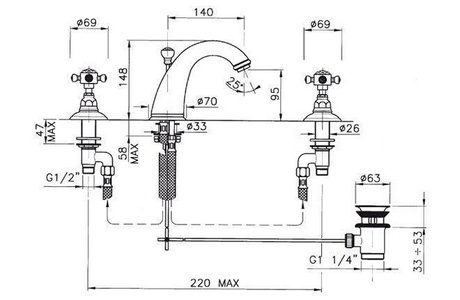 Смеситель для раковины на 3 отв.д/смесит., с д/к, (цв.латунь, Rubino Tagliato Cut Rubin) Le Pietre ZZ Nicolazzi Extra Lusso 2108 GB 09