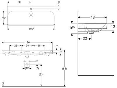 Раковина 1200х480хh85(165)мм, подвесная / накладная, с 1 отв.для смесителя по центру, с переливом, (без креплений),  ZZ Geberit Smyle 500.226.01.1