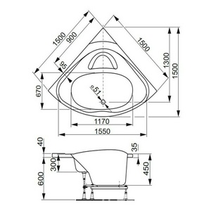 Ванна угловая 150x150xh45см, без панели и каркаса, (акрил цв.белый), Athena ZZ Vagnerplast athena VPBA150ATH3E-04