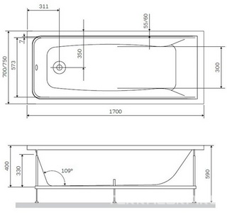Ванна акриловая 170х75 см (без каркаса, панели и сифона) ZZ AMPM Gem W90A-170-075W-A