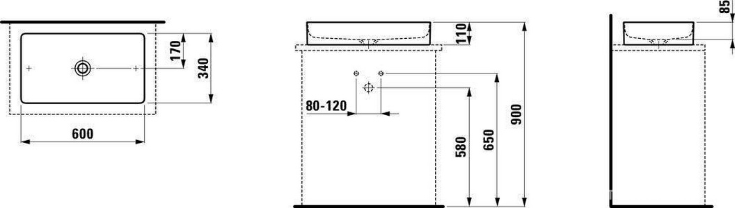 Раковина накладная на столешницу, прямоуг. 600х340хh110мм, без перелива и отв. д/смесит., крепёж в компл.,  Square ZZ Laufen Living 8.1143.4.000.112.1