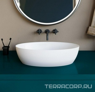 Раковина накладная овальная 580х350х150мм, без отв.д/смесителя, перелива, без донного клапана, литой камень S-Stone матовый цв.белый,  ZZ Salini Alda 110621M