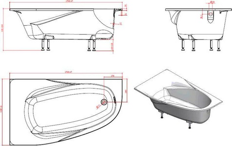 Ванна 1700x1000xh450мм, без панели, ножек, слива-перелива, литой мрамор цв.белый глянец., Селена Левая ZZ Астра-Форм селена Селена Левая