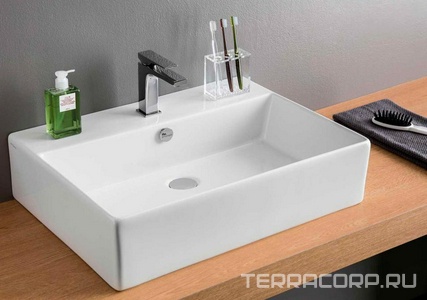 Раковина подвесная/накладная на столешницу, прямоугольная, 650х480хh160мм, с 1 отв.д/смесит., с переливом, без крепл., (цв. белый),  ArtСeram Quadro QUL003 01; 00