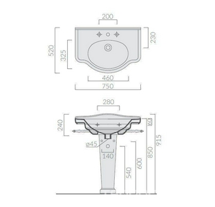 Раковина 75х52хh24см, с 3 отв.д/смесителя, (крепёж в копл.),  ZZ Galassia Ethos 8433