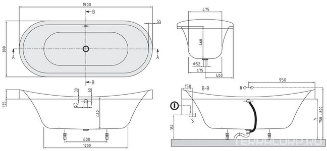 Ванна 1900х800хh460(750-800)мм, встраиваемая, овальная, (без удлинённого слива-перелива, ножек арт. U99740000, акрил, цв. 96 star white), My Nature ZZ Villeroy & Boch My nature UBA190NAT7V-96