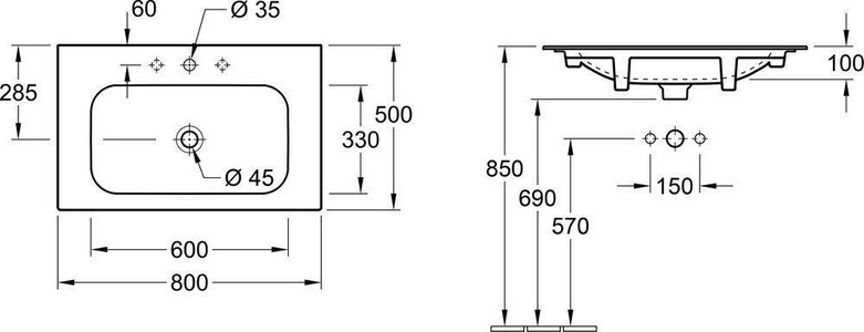 Раковина 800х500мм, 1 отв. д/смес., с переливом, запираемый клапан с кепамич.крышкой в компл., (цв.R1 White ceramicplus),  ZZ Villeroy & Boch Finion 416480R1