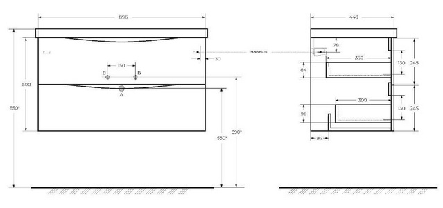 База под раковину подвесная с 2 выдвиж ящиками, 900х450x500мм, без раковины, (цв.Rovere Bianco),  ZZ BelBagno Marino MARINO-900-2C-SO-WO-P