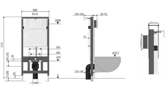 Инсталляция для подвесного унитаза, 500хh1112мм, со смывным бачком, фронт.управление смыва, крепёж в компл, без клавиши смыва, Vincea ZZ Vincea Универсал VIS-601