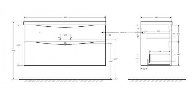 База под раковину подвесная с двумя выкатными ящиками, 1200х450х500мм, (без раковины), (цв.Rovere Nature),  ZZ BelBagno Marino MARINO-H60-1200-2C-SO-RN-P
