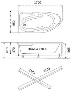 Ванна акриловая асимметричная "", 170*95 см, левая, каркас в компл. ZZ Triton София 46115/44533