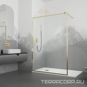 Душевая перегородка 1000хh2000мм, правая/левая, (стекло прозрачное 8мм Easy Clean, укорачиваемый кронштейн 1200мм, фурнит.цв.золото BRUSH), Walk IN ZZ RGW Walk In 32101210-16