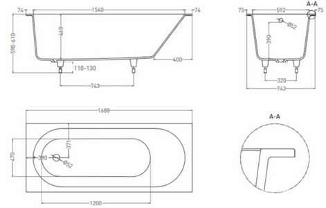 Ванна 170х75хh60cм, литой камень Gelcoat цв.белый глянцевый, литые ножки,  LOFO LOFO UM12212