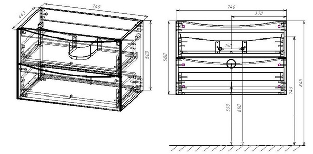 База под раковину подвесная, 2 выкатных ящика, 740x443xh500мм, без раковины, (цв.V.Oak),  ZZ Vincea Mia VMC-2MA750VO